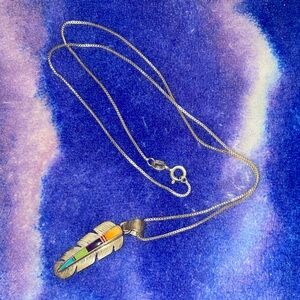 Silver Feather Necklace with Multicolor Inlay